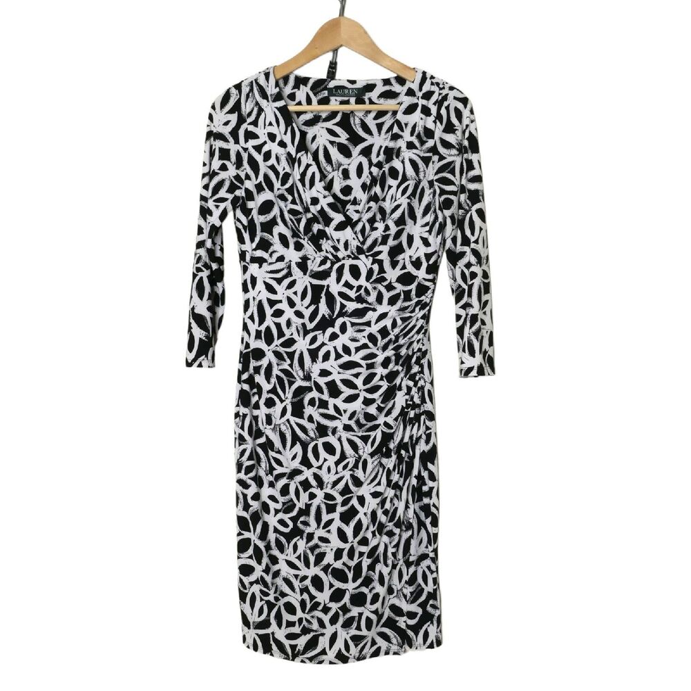 Lauren Ralph Lauren Women's Sz 6 Black White Office Career Faux Wrap Dress EUC - Picture 1 of 11